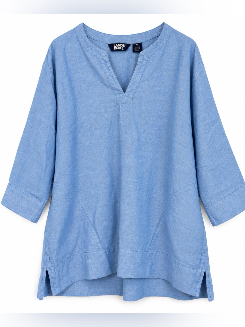 Lands' End Linen Blend Tunic Top Womens XL Blue 55% Linen Split Neck 3/4 Sleeve